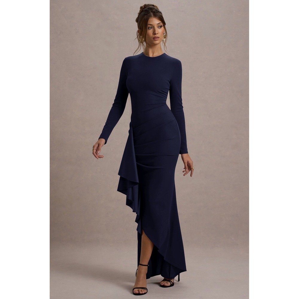 CLUB L LONDON  ALAYNA Navy Long-Sleeve Maxi Dress With Ruffled Split